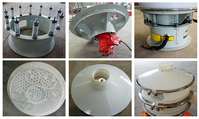 塑料振動(dòng)篩彈簧底座安裝，振動(dòng)電機(jī)安裝，篩網(wǎng)，防塵蓋等安裝圖片展示